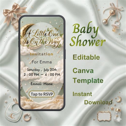 Celestial Moon Baby Shower Invitation Template, Sage Dreamy Canva Invite (instant Download) - Etsy