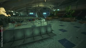 An abandoned airport terminal reveals empty waiting areas, scattered debris, and neglected amenities, showcasing the remnants of a once bustling travel hub now left to decay.
