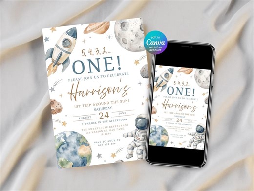 First Trip Around the Sun Invitation, Space First Birthday Invite Boy, Outer Space 1st Birthday Invitation, Astronaut Birthday Editable - Etsy