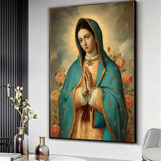 Virgin Mary Canvas Wall Art, Religious Prayer Artwork, Catholic Decor, Spiritual Home Decoration, Floral Halo Portrait Canvas - Etsy
