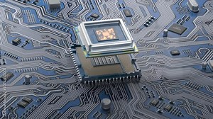 CPU computer processor on circuit board data processing and AI artificial intelligence. 3d animation