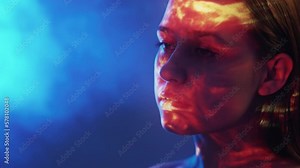 Female galaxy. Inner beauty. Double exposure portrait. Silhouette woman posing colorful neon light blinking smoky background orange flickers reflection overlay pattern blur.