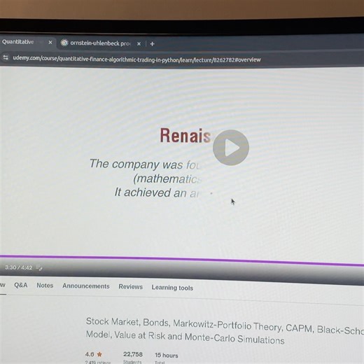 Dr Victoria Porozova | Theoretical physicist on Instagram: "finally mine ❤️ Course name “Course: Quantitative Finance & Algorithmic Trading in Python Main topics covered: • Stock market basics • Bonds theory & implementation • Modern Portfolio Theory (Markowitz) • CAPM theory & coding • Derivatives • Random behavior in finance • Black-Scholes model (+ implementation) • Value at Risk (VaR) • CDOs & the 2008 crisis • Vasicek interest rate model • Bond pricing with Vasicek • Long-term investing Pyt