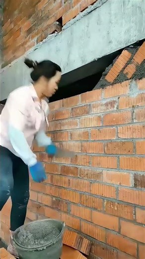 Chinese Female Bricklayer Working On - Site, Skillful as Art!