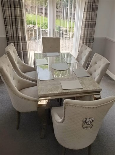 Luxury Marble Dining Table Set | UK 🇬🇧 Upgrade your dining space with a premium marble dining table & luxury chairs ✨ Modern design, strong build, perfect for UK homes. Available Sizes: 1m Square: 100cm length × 74cm height × 100cm width 1.3m Round: 130cm diameter × 74cm height 1.4m: 140cm length × 74cm height × 80cm width 1.5m: 150cm length × 74cm height × 90cm width 1.6m: 160cm length × 74cm height × 90cm width 1.8m: 180cm length × 74cm height × 90cm width Full weight with marble: 140.3kg 2m