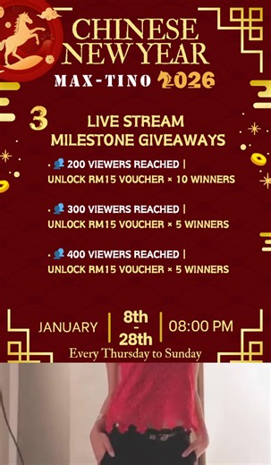 🧧 Chinese New Year Sales 2026 新春热卖・直播限定优惠 🔥 8/1 – 28/1｜新款热卖中 📅 连续 3 个星期｜每周 4 场直播 💥 直播限定优惠 1）🛍 购物优惠 🛒 买 3 件 👉 第 4 件半价（以最低价商品计算） 2）🎁 满额即送＋抽奖资格 🛒 单笔订单满 RM350 ✔ 赠送 Batik 福袋 1 份（送完为止） ✔ 获得 1 张抽奖票根 🎊 每星期幸运抽奖（每周一次） ✨ 全银莫桑钻耳环 × 10 份 💎 全银莫桑钻项链 × 5 份 3）🎥 直播间专属福利 🎁 开场人数福利 • 👥 达 200 人｜开放 RM15 优惠券 × 10 张 • 👥 达 300 人｜再开放 RM15 优惠券 × 5 张 • 👥 达 400 人｜再开放 RM15 优惠券 × 5 张 👉 人数越多，福利越多！ ❤️ Like & Share 互动礼 ✔ Like Share 直播 🎁 直播结束抽 1 份精美礼物 -----------------------------------------------------------1 �