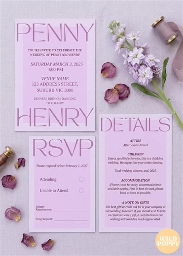 Modern Lavender Wedding Invitation Suite, Minimalist Serif Template (canva Download) - Etsy