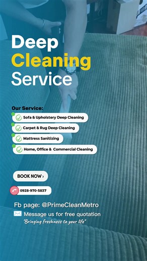 Professional Deep Cleaning Services 🧼 Bringing freshness to your metro life We help remove dirt, germs, and stubborn stains to keep your home or office clean and healthy. 📩 Message us for inquiries and booking — we’re happy to assist! | PrimeClean Metro