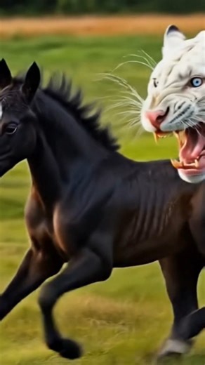 Black Horse vs white panther fight for baby #horse #whitelion #lion #animalbattle #animals #shorts