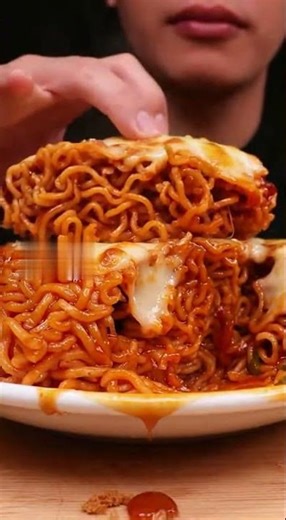 🍜🧀GIANT Cheesy Ramen Bowl 🍜 Messy Slurp & Crunch ASMR #shorts #food#foodasmr #eatingsounds