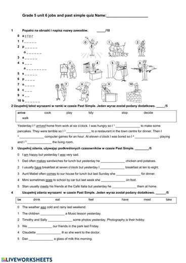 English Class A1   unit 6 jobs and past simple positive sentences worksheet