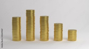 Coins falling on top of each other. A pillar of coins. Chart of decline.