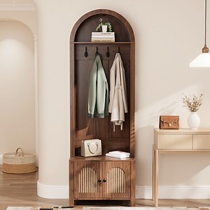 Oubayajia Modern Farmhouse Hall Tree, 70.9" Narrow Arch Coat Rack for Hallway, Entryway, Mud Room, Walnut