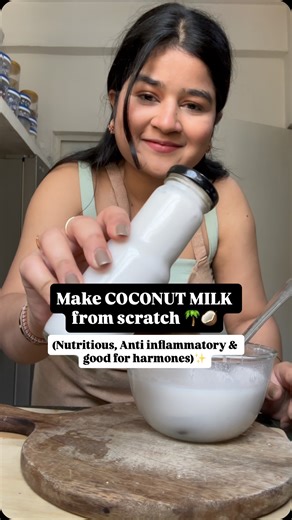 Food•Health•Lifestyle on Instagram: "Make FRESH COCONUT MILK with me! 🥥🌴🤎✨ Coconut milk is anti inflammatory in nature and it’s full of nutrition. It’s good for your skin, hair, hormones, good sleep,digestion, it soothes gut lining and there are endless other benefits too! Don’t worry you can use a coconut without the shell and save all the trouble! 🤍 INGREDIENTS - Dry coconut- (take the oldest coconut possible, the one in which you can see oil , it makes the best/tastiest / sweetest coconut