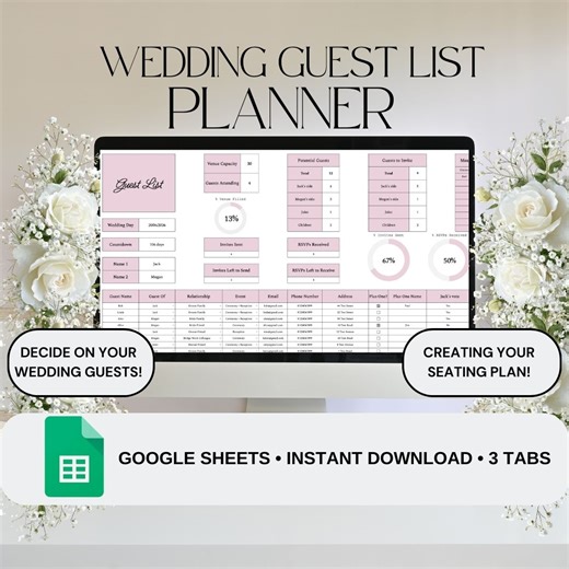 Making Sheets Simple Pink Wedding Guest List Planner & Seating Plan | Google Sheets Spreadsheet - Shop