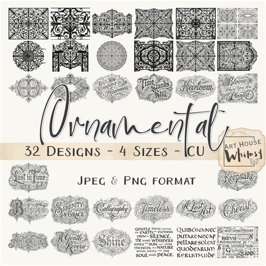 Ornamental: 32 Black scroll work, Word Art and overlays, 4 Sizes, CU, (Digital PNGs and JPEGs 11x8.5")