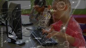 Girls typing code at school computers enabling network overlay pulsing with nodes, data charts