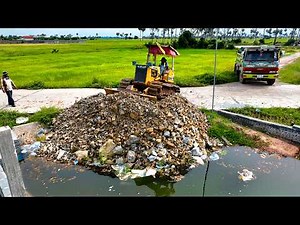First Start a Wonderful Project! Landfill In Fence Box Using Bulldozer Pushing Stone with Dump Truck