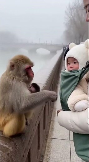 Rare Wildlife Moment: Mother Macaque Meets Human Baby