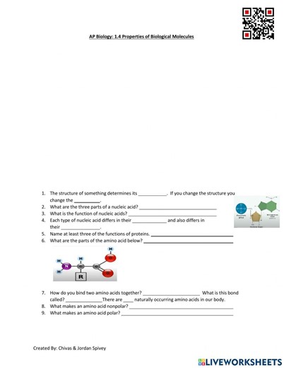 AP Biology Topic 1.4 Properties of Biological Molecules interactive worksheet