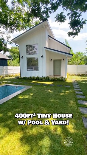 Would you live in this beautiful foundation tiny house with its own pool & private yard? 🏡 Inside the tiny home, there is a cozy living room with a couch & fireplace, a kitchen with apartment-size appliances (missing a stove), a full bathroom with a tile shower, a loft bedroom, & the most beautiful yard with your own plunge pool! These are new rentals being built in Sapanca, Turkey, (Built by @kotisapanca) but would love to see more of these homes around the world & in the US! #tinyhouse #tinyh
