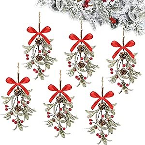 Giegxin 6 Piece Christmas Artificial Mistletoe Ornament with Bow Christmas Hanging Mistletoe Decoration Bouquet Floral Natural Pine Cones Holiday Decor Ornament Bouquet (Bright Style,Red)