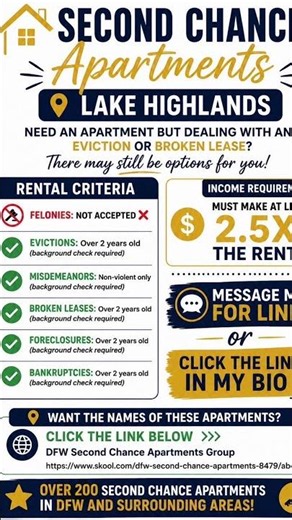 Join my group today!! Over 200 second chance apartments in the DFW AREA!!! Texas