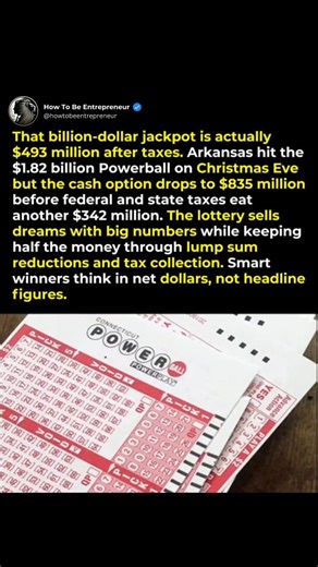 How To Be Entrepreneur on Instagram: "That billion-dollar jackpot isn’t nearly as big as it sounds. Arkansas hit the $1.82 billion Powerball on Christmas Eve, but the reality looks very different once the math kicks in. Choosing the cash option immediately cuts the prize down to about $835 million. From there, federal and state taxes take another $342 million, leaving the winner with roughly $493 million in actual take-home money. The lottery markets life-changing numbers, but the system quietly