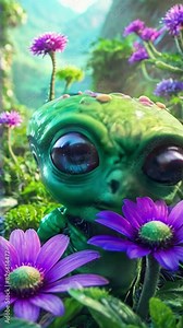 Small green alien with large eyes among purple flowers in a lush landscape in Futuristic alien terrain. Fantasy world. Concept of extraterrestrial nature, alien life, whimsy. Vertical. Motion