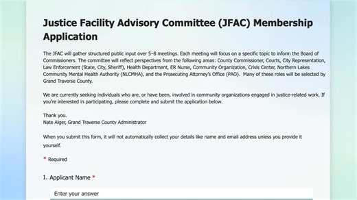 Grand Traverse County is planning a new Justice Facility Complex to help create meaningful, long-term improvements in how we deliver criminal justice services in our community. We’re seeking input and involvement from individuals and organizations with experience or expertise in the justice sector. If you’re interested in serving on the Justice Facility Advisory Committee, please submit your application using the link below ⬇️ https://forms.office.com/g/h8MX21BVS8 | Grand Traverse County