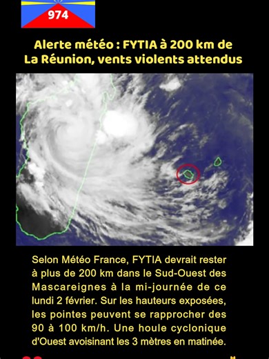 CYCLONE FYTIA 974 ⚠️ Météo : vigilance à La Réunion ⚠️ Le système FYTIA devrait passer à environ 200 km de l’île ce lundi. ➡️ Des rafales pouvant atteindre 100 km/h sont attendues sur certains secteurs. 🌬️ Vents forts 🌧️ Conditions dégradées possibles 🚨 Prudence sur les routes et en mer 👉 Tu penses que l’île sera fortement impactée ou que ça passera large ? 💬 Donne ton avis en commentaire et partage l’info autour de toi ! @tvreunion #fytia #cyclone #974 #974🇷🇪🇷🇪 #meteo974 #974meteo #new