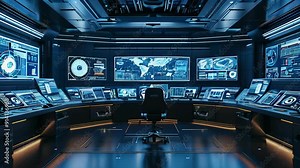 Explore a futuristic command center featuring multiple advanced control panels and interactive displays in a sleek, dark environment