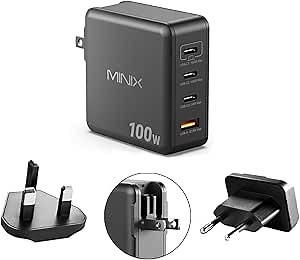 MINIX 100W USB C Charger, 4-Port Fast GaN Charger, Compact Foldable Wall Charger, Compatible with MacBook Pro/Air, iPad Pro, iPhone 17/16/15 Series, Galaxy S25/S24, and More for Home, Travel
