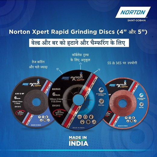Choose Norton 4" and 5" Xpert Rapid Grinding Wheels for your expert fabrication work—the perfect choice for superior results. www.nortonabrasives.com/en-in #Fabrication #Chamfering #Deburring #GrindingWheels #ExpertPerformance #NortonXpertRapid #NortonAbrasives #SaintGobainIndia | Norton Abrasives India