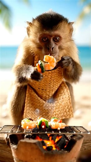 Beach BBQ by a Monkey Chef?! 🐵🔥🍤 #shorts