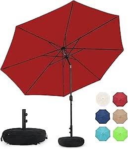 Sundale Outdoor 11 ft Patio Umbrella with Sand Bag Umbrella Base Included, Outdoor Umbrella with Tilt and Crank, Red