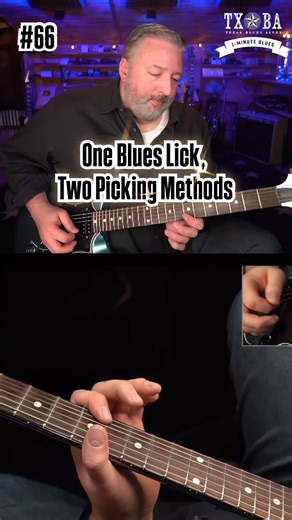 (I send these lessons out every day to our 1-Minute Blues email list. Sign up at https://1MinuteBlues.com.) The same lick can take on multiple sounds when you change how you pick each note. This is a simple 3-note repeating lick in Box 1 that can be played quite fast when using a pull-off to the second note, but it becomes much more expressive when picking that note. This requires a more developed picking technique and reduces your speed. #bluesguitar #guitarlessons | Texas Blues Alley
