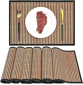 Pickmesh Bamboo Placemats Set of 6, Bamboo Table Mats Set with Fabric Border,18'' x 12'' Woven Placemat, Japanese Style, Washable Heat Resistant Place Mats for Kitchen and Dining Room