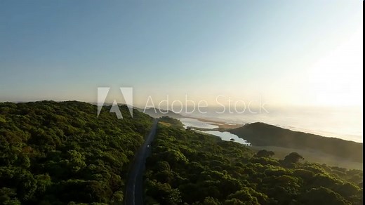Aerial view of serene coastline with lush forest, sandy beach, and crystal blue ocean, uMhlanga, KwaZulu Natal, South Africa.