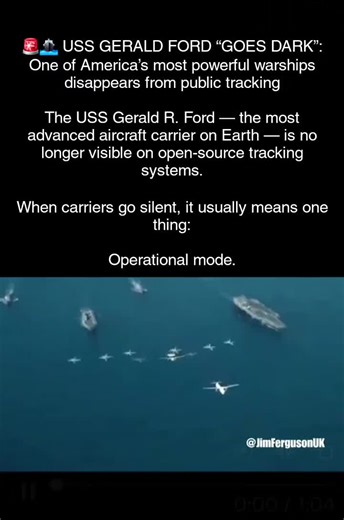 USS GERALD FORD “GOES DARK”: One of America’s most powerful war-ships disappears from public tracking The USS Gerald R. Ford — the most advanced aircraft carrier on Earth — is no longer visible on open-source tracking systems. When carriers go silent, it usually means one thing: Operational mode. #ussgeraldrford #iran #silent #ship #fyp