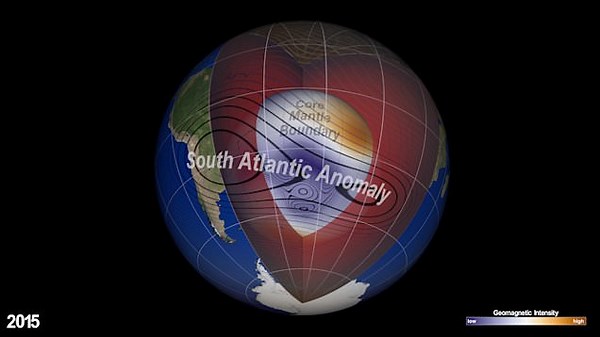 NASA animation shows geomagnetic intensity on Earth's surface from 2015 to 2025