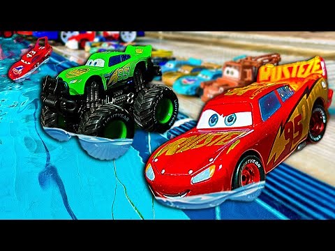 Disney Pixar Cars falling into deep pool, Lightning McQueen, Tow Mater, Mack, Sally, Francesco