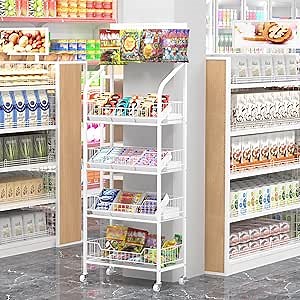 Retail Snack Display Rack 4-Tier White Metal Candy Potato Chip Metal Wire Display Shelf Brackets with Wheels & Hooks Multifunctional Snack Shelf Organizer for Pantry Kitchen, White