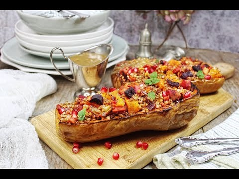 STUFFED BUTTERNUT SQUASH - Vegan Holiday recipe. How to roast butternut squash.