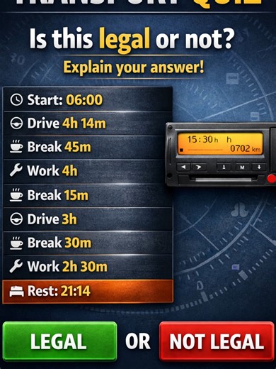 Most Drivers Get This Wrong | Tachograph Quiz Everything looks legal. Driving ✔ Breaks ✔ Work ✔ But is it really? 👉 Legal or not? 👉 Explain your answer. #tachograph #drivershours #truckdriver #haulage #transportlaw #roadtransport #logistics #driverlife #smarttachograph #quiz