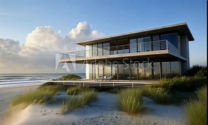 Contemporary beach house on a high bluff, with floor-to-ceiling windows and open floor plan, showcasing a stunning view of a sandy beach and clear blue ocean