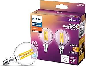 PHILIPS LED 60W G16.5 2-Pack Ultra Definition Soft White (2700K) 500 Lumen (5W = 60W) Dimmable Clear Flicker-Free Light Bulbs
