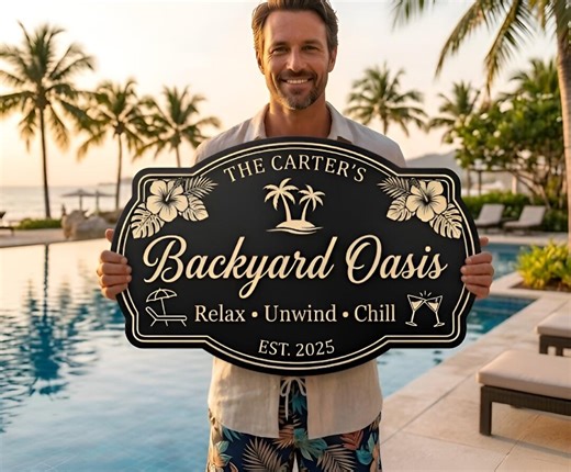 Custom Family Name Pool Sign, Backyard Oasis Metal Wall Decor, Personalized Patio Bar Sign