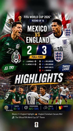 Mexico 2-3 England Highlights 🔥 | England Complete Comeback | FIFA World Cup 2026 Round of 16 #fifa​