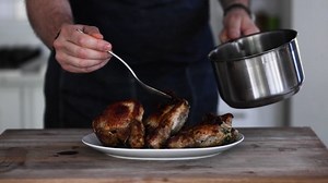 Bone-in pork chops with a rustic cherry-sourdough stuffing